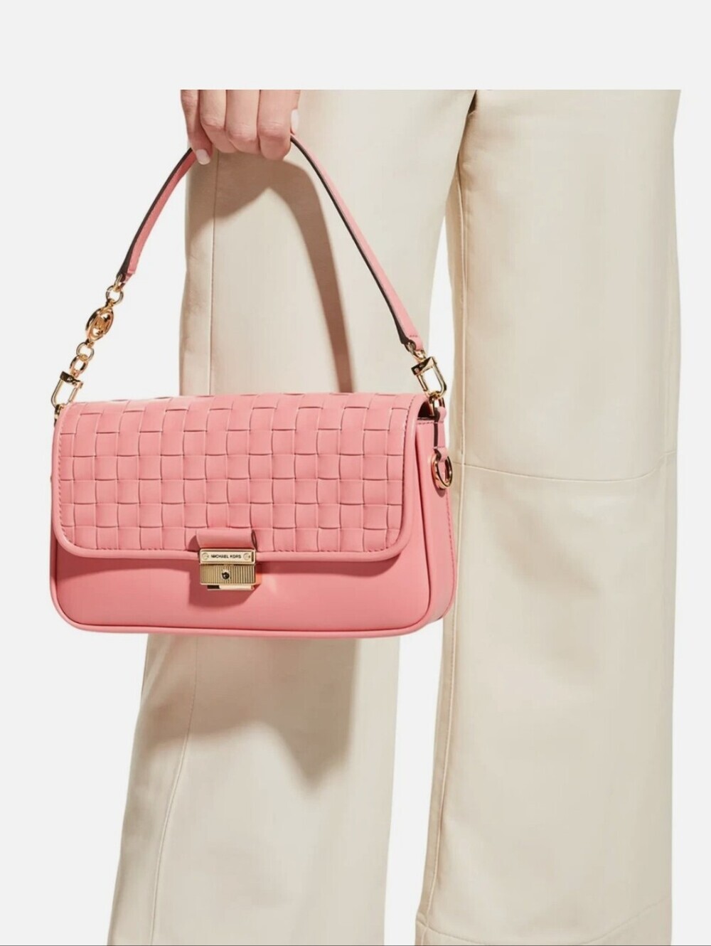 Michael Kors Bradshaw Pink Woven Leather Shoulder Bag with Gold Hardware